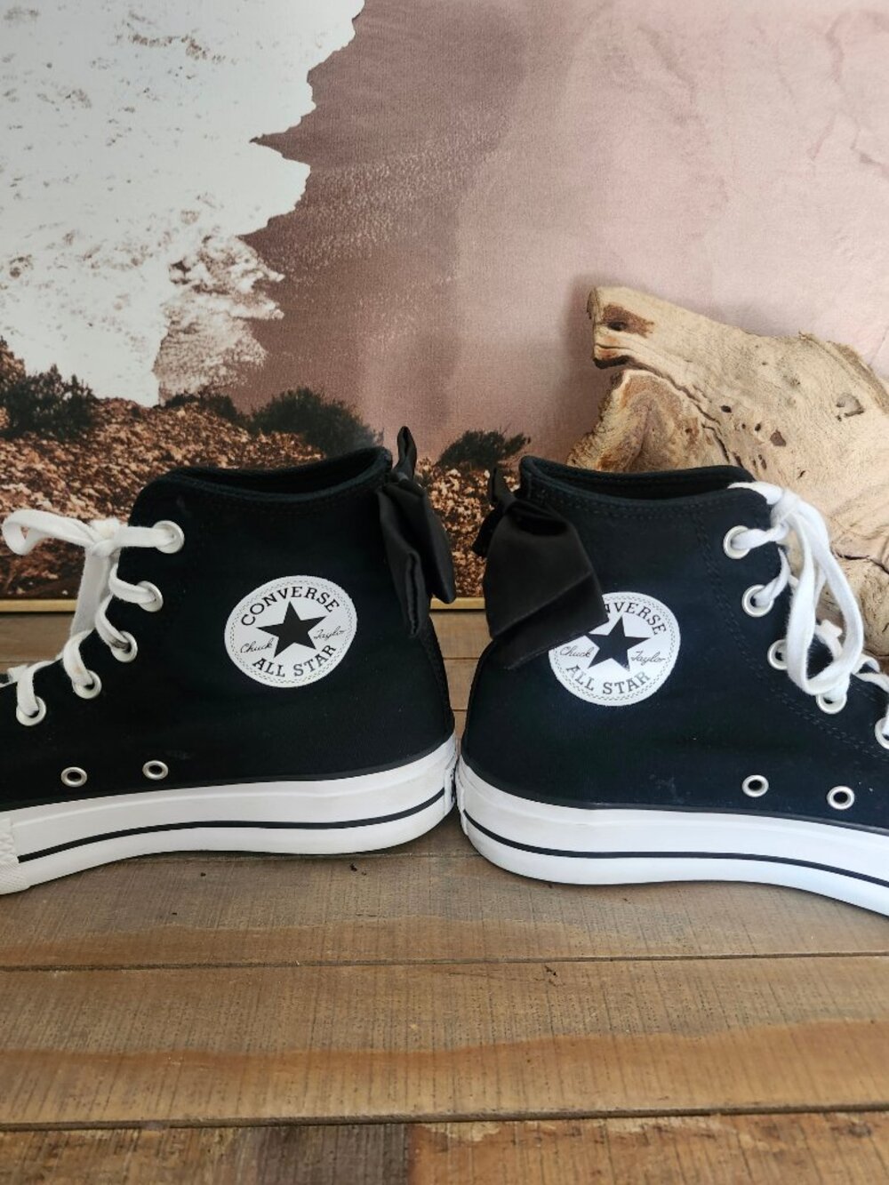 CONVERSE Chuck Taylor All Star Black/White Lift Platform w/Satin Bows 8.5 - Picture 6 of 11